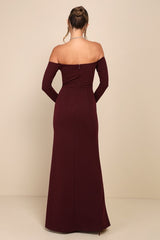 Alluring Sophistication Dark Plum Off-the-Shoulder Maxi Dress