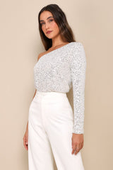 Dancing Diva Cream and Silver Sequin One-Shoulder Bodysuit