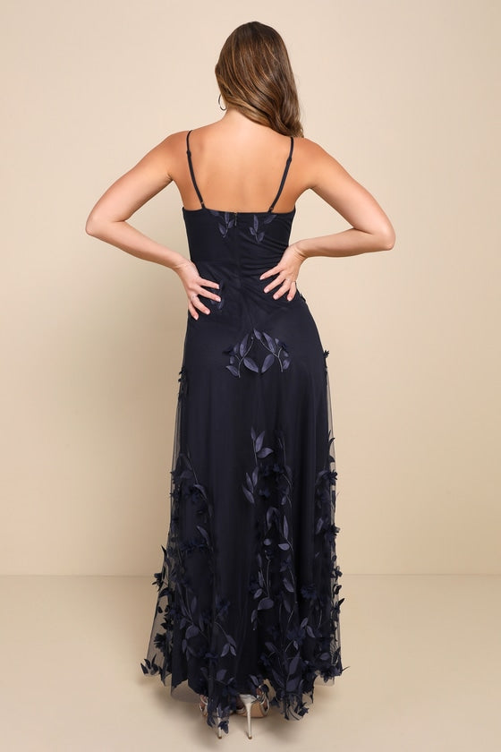 Abundant Charm Navy Blue 3D Floral Applique Maxi Dress