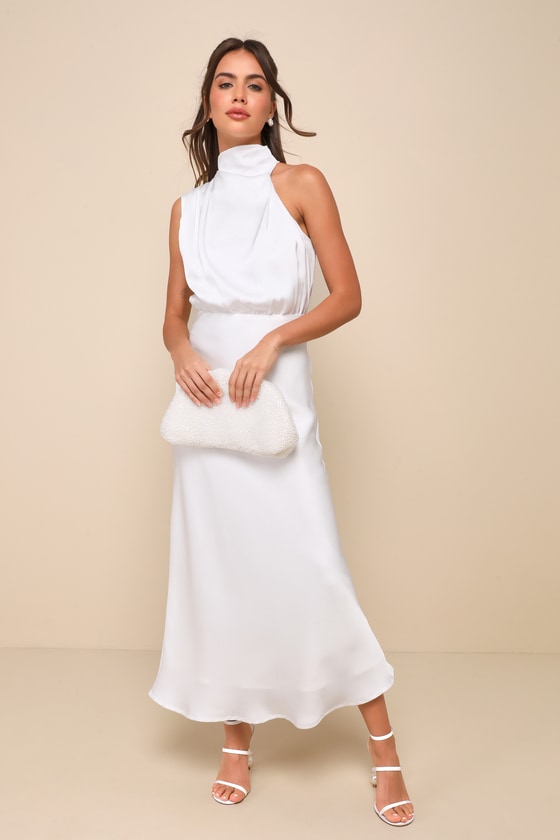 Distinctive Charm White Satin Asymmetrical Midi Dress