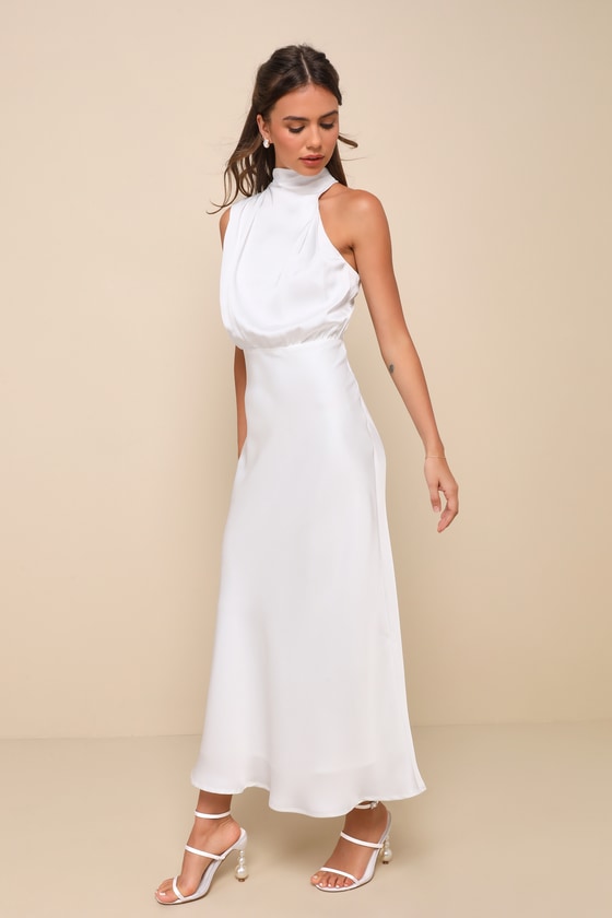Distinctive Charm White Satin Asymmetrical Midi Dress