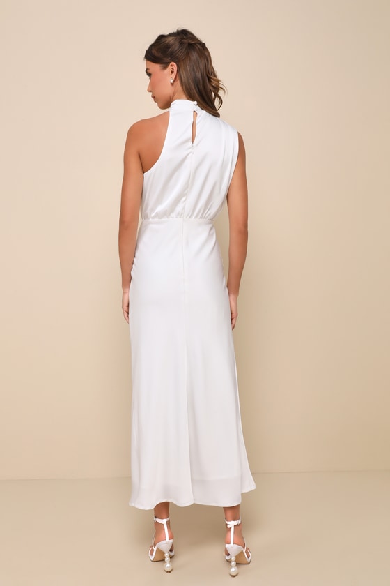 Distinctive Charm White Satin Asymmetrical Midi Dress