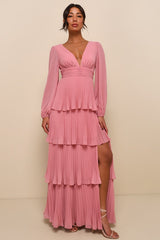 Graceful Finesse Dusty Rose Pleated Long Sleeve Maxi Dress