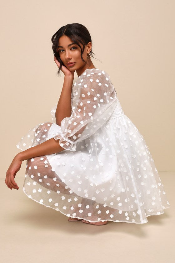 Effervescent Charm White Organza Floral Babydoll Mini Dress