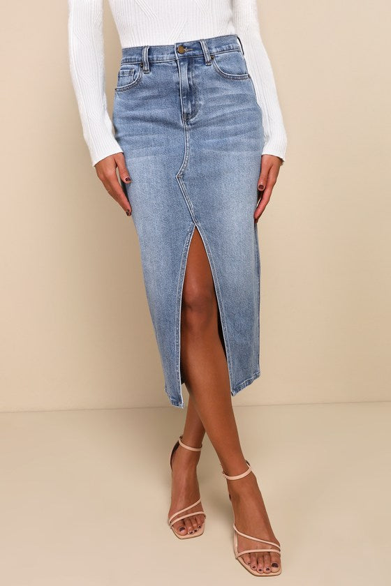 Uniquely Trendsetting Medium Wash High Rise Denim Midi Skirt