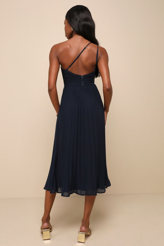 Wondrous Muse Navy Blue Pleated One-Shoulder Midi Dress