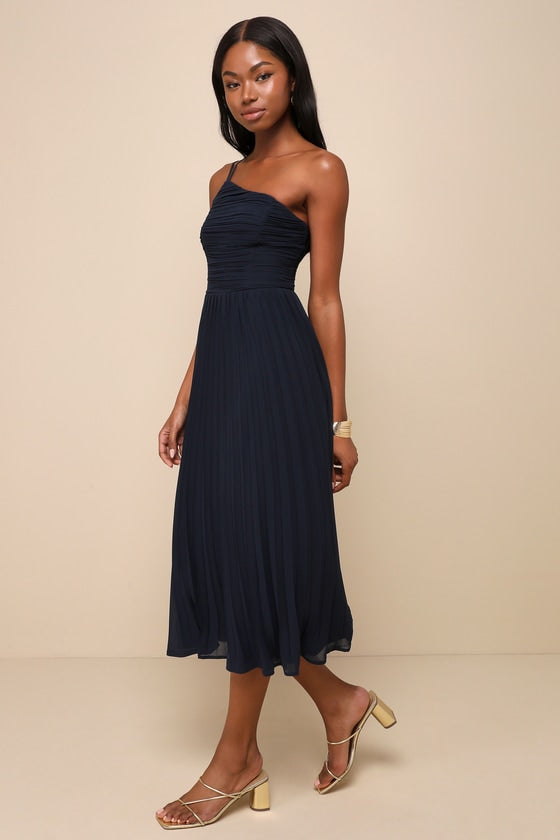 Wondrous Muse Navy Blue Pleated One-Shoulder Midi Dress