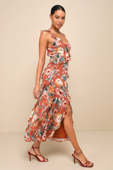 Notable Poise Rust Floral Print Lace-Up Ruffled Maxi Dress