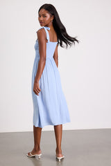 Looking Up Light Blue Smocked Tie-Strap Midi Dress