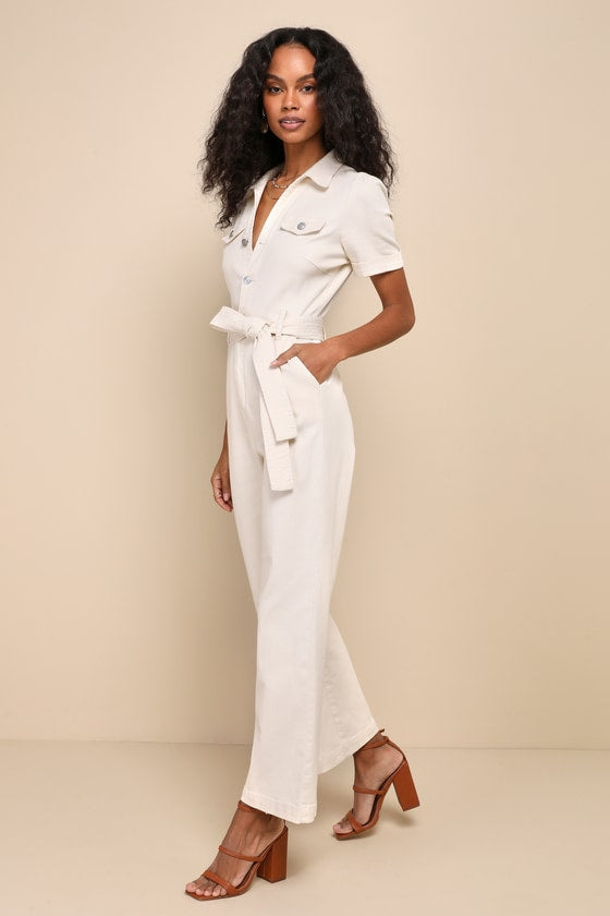 Practical Perfection Ivory Twill Short Sleeve Jumpsuit