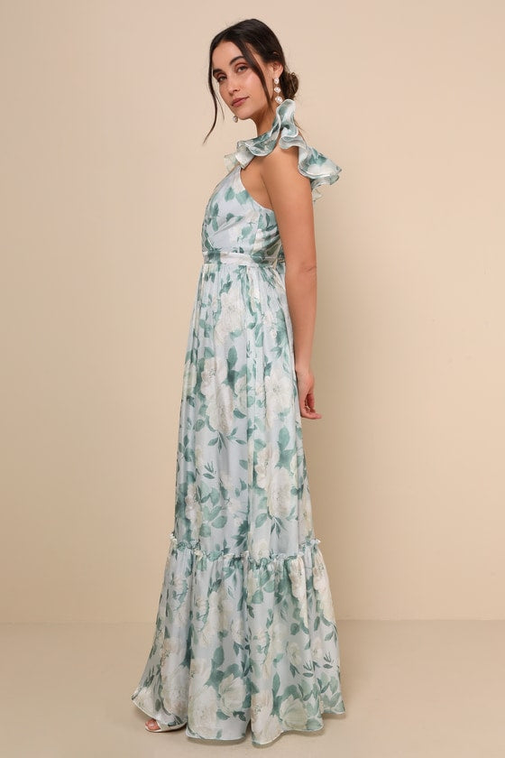 Soiree Perfection Light Blue Floral Ruffled Tiered Maxi Dress