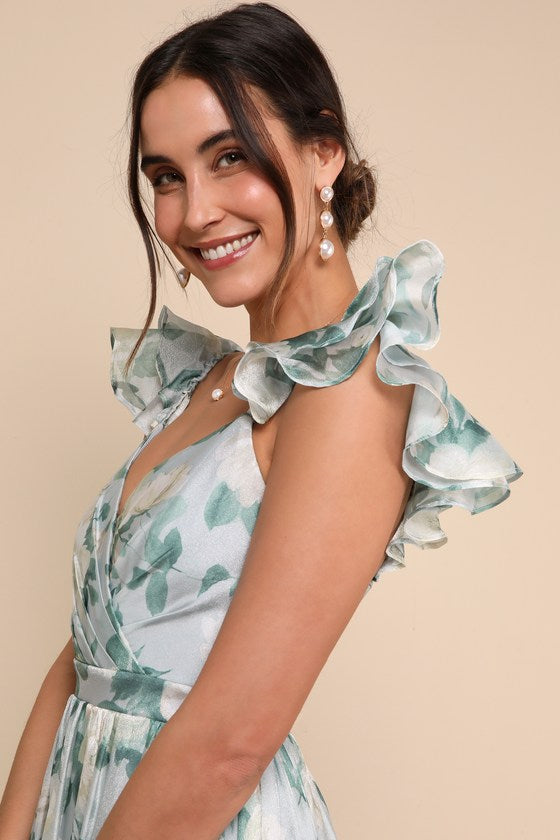 Soiree Perfection Light Blue Floral Ruffled Tiered Maxi Dress