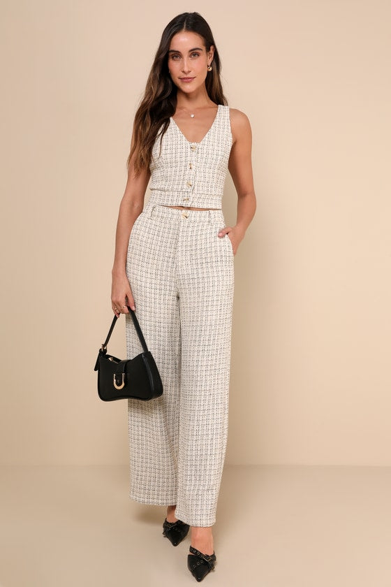 Posh Perception Ivory and Black Plaid Tweed Cropped Button Top