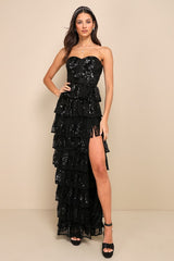 Definite Glamour Black Sequin Strapless Bustier Maxi Dress