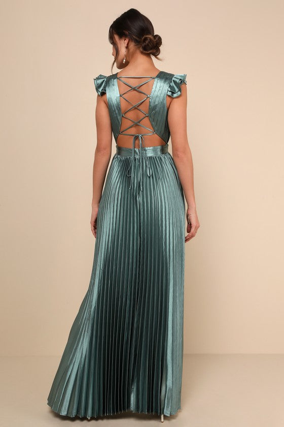 Exceptional Drama Sage Green Satin Lace-Up Pleated Maxi Dress