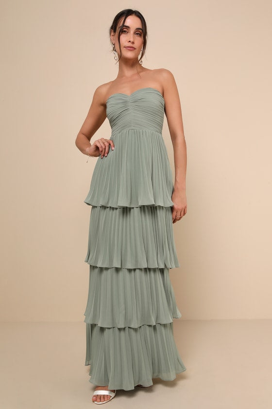 Seriously Sensational Sage Brush Strapless Tiered Maxi Dress