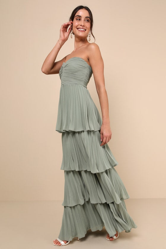 Seriously Sensational Sage Brush Strapless Tiered Maxi Dress