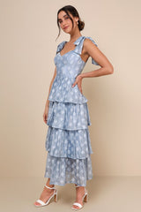 Gorgeous Excellence Light Blue Floral Burnout Tiered Midi Dress