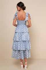 Gorgeous Excellence Light Blue Floral Burnout Tiered Midi Dress