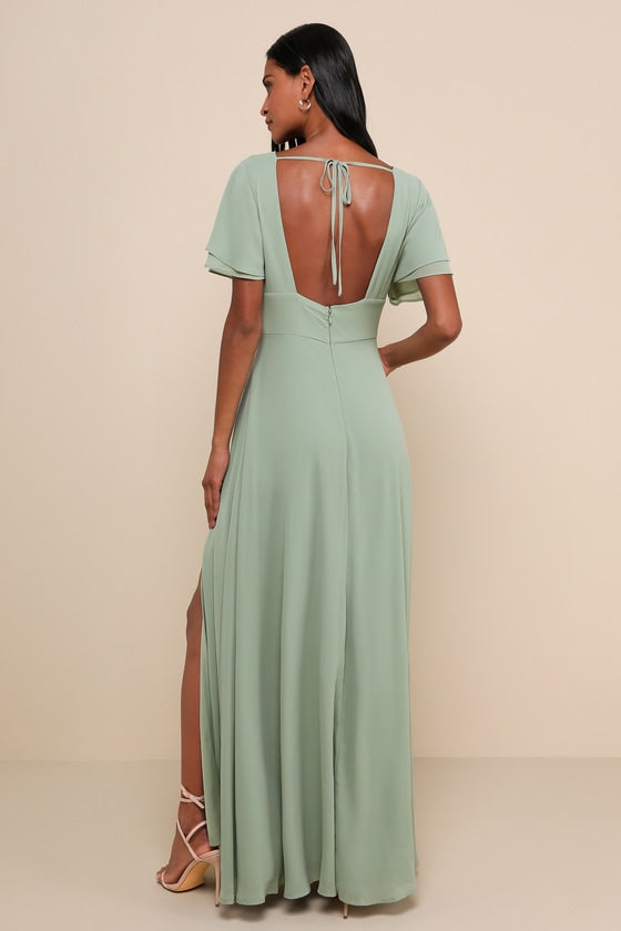 Promise Of Love Sage Brush Flutter Sleeve Maxi Dress