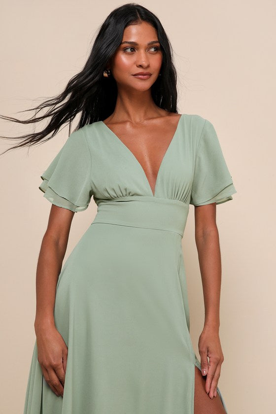 Promise Of Love Sage Brush Flutter Sleeve Maxi Dress