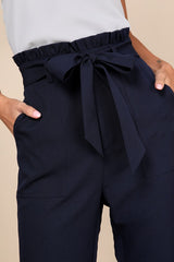 Busy Babe Navy Blue Paperbag Waist Straight Leg Pants