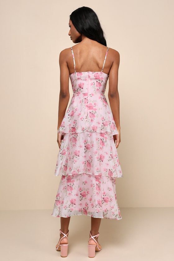 Immaculate Cutie Light Pink Floral Sleeveless Tiered Midi Dress
