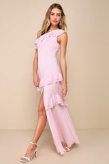 Brilliant Grace Light Pink Ruffled One-Shoulder Maxi Dress