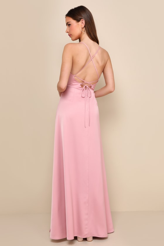 So Loving Pink Satin Pleated Lace-Up Backless Maxi Dress