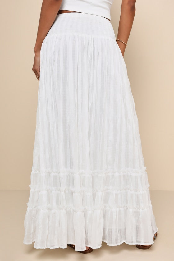 Sunny Baby White Smocked Tiered High-Waisted Midi Skirt