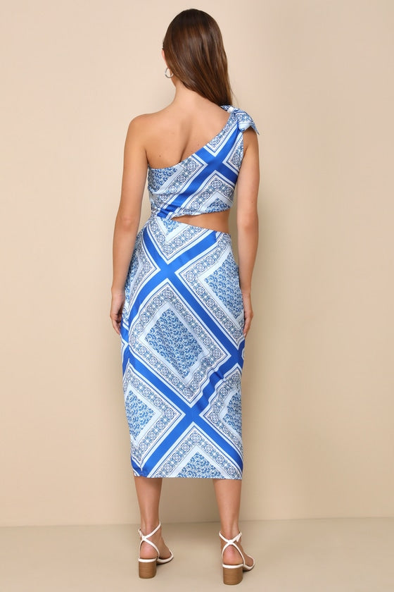 Vacay Beauty Blue Scarf Print One-Shoulder Tie-Strap Midi Dress