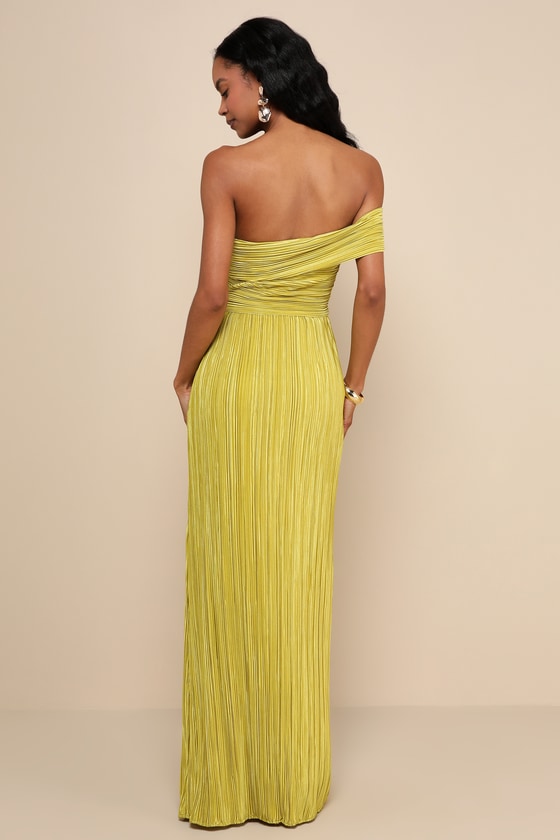 Poised Performance Chartreuse Plisse One-Shoulder Maxi Dress