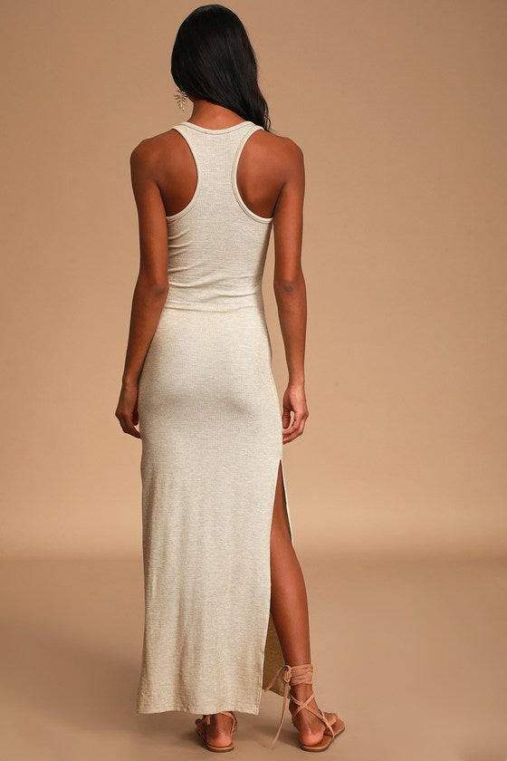 Relaxed but Not Least Beige Ribbed Sleeveless Maxi Dress