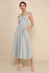 Sweetest Posture Navy and Cream Gingham Midi Dress With Pockets