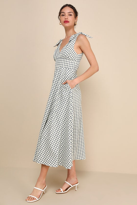 Sweetest Posture Navy and Cream Gingham Midi Dress With Pockets