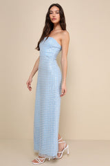 Perfectly Luxurious Light Blue Pearl Strapless Maxi Dress