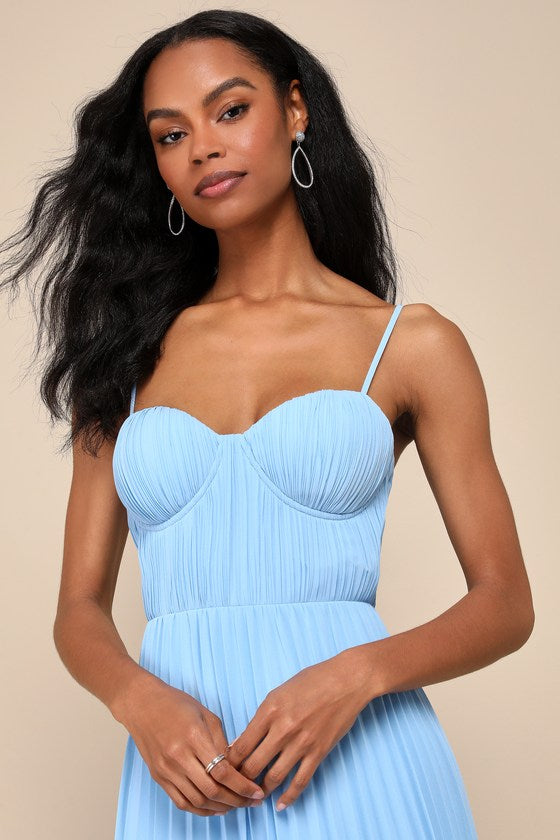 Admirable Elegance Light Blue Pleated Bustier Maxi Dress