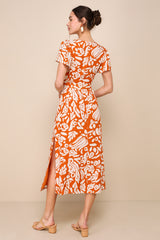 Energetic Charm Rust Orange Abstract Tie-Front Midi Dress