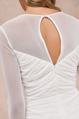 Romantic Heights White Mesh Ruched Long Sleeve Maxi Dress