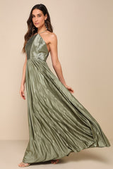 Elaborate Charm Olive Green Satin Pleated Backless Maxi Dress
