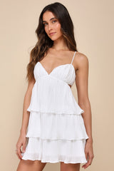 Sleek Dedication White Satin Plisse Cutout Tiered Mini Dress