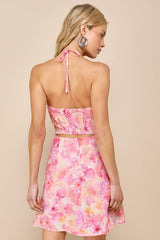 Breezy Date Pink Floral Cutout Halter Mini Dress