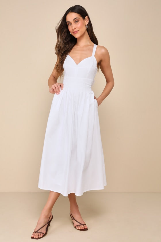 Strolling Sicily White Pleated Backless Midi Dress With Pockets