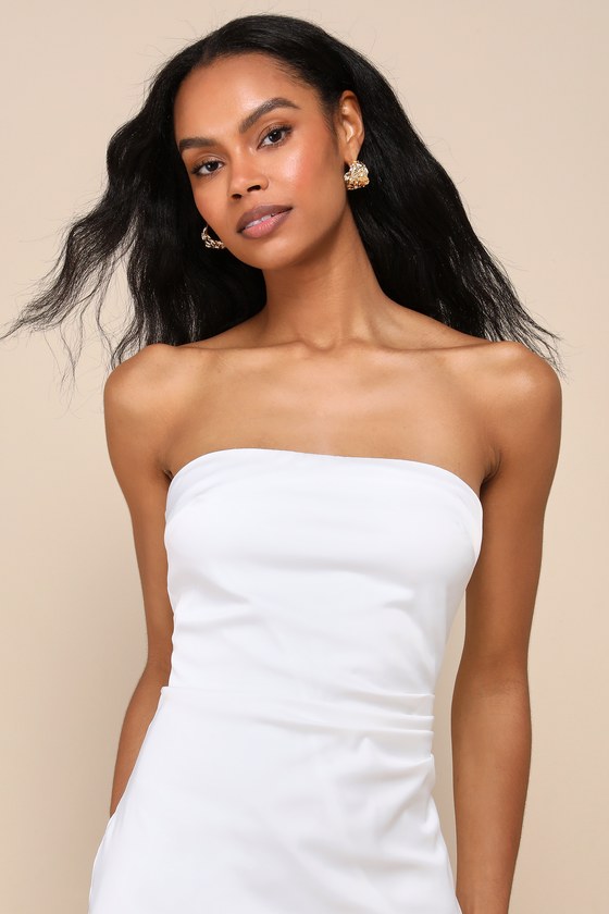 Graceful Perfection White Satin Ruffled Strapless Midi Dress