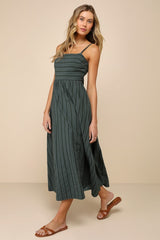 Feeling the Best Green Striped Tie-Back Midi Dress with Pockets