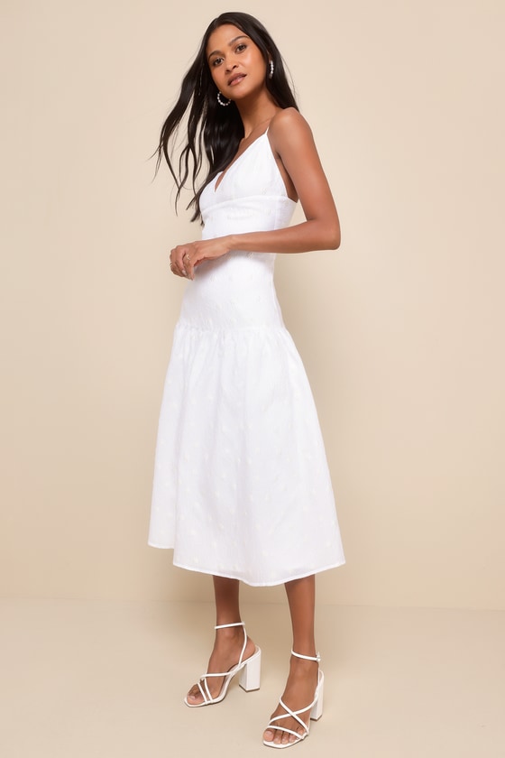 Serene Charm White Textured Embroidered Drop Waist Midi Dress