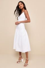 Serene Charm White Textured Embroidered Drop Waist Midi Dress
