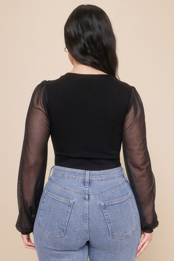 Sensational Sweetheart Black Ribbed Balloon Sleeve Bodysuit