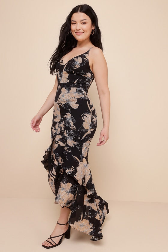 Darling Daylily Black Floral Print High-Low Maxi Dress
