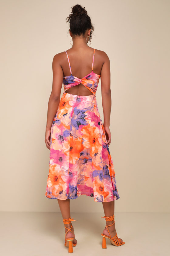 Radiant Feelings Orange and Purple Floral Chiffon Midi Dress